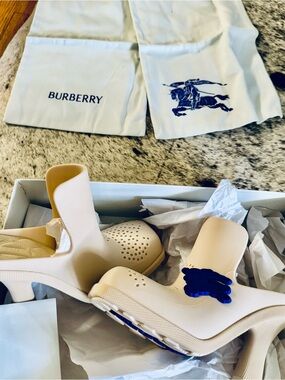 Burberry Cream Slip-On Perforated Wedge Mule with Blue Sole Accent . SZ 39